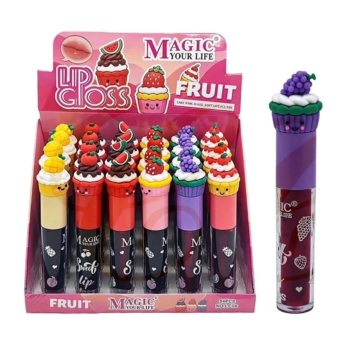 Magic Your Life Fruit Cupcake Lip Gloss – Novelty Sweet Lip Shine with 3D Silicone Dessert Topper (24 Pcs) (LCS-0899)