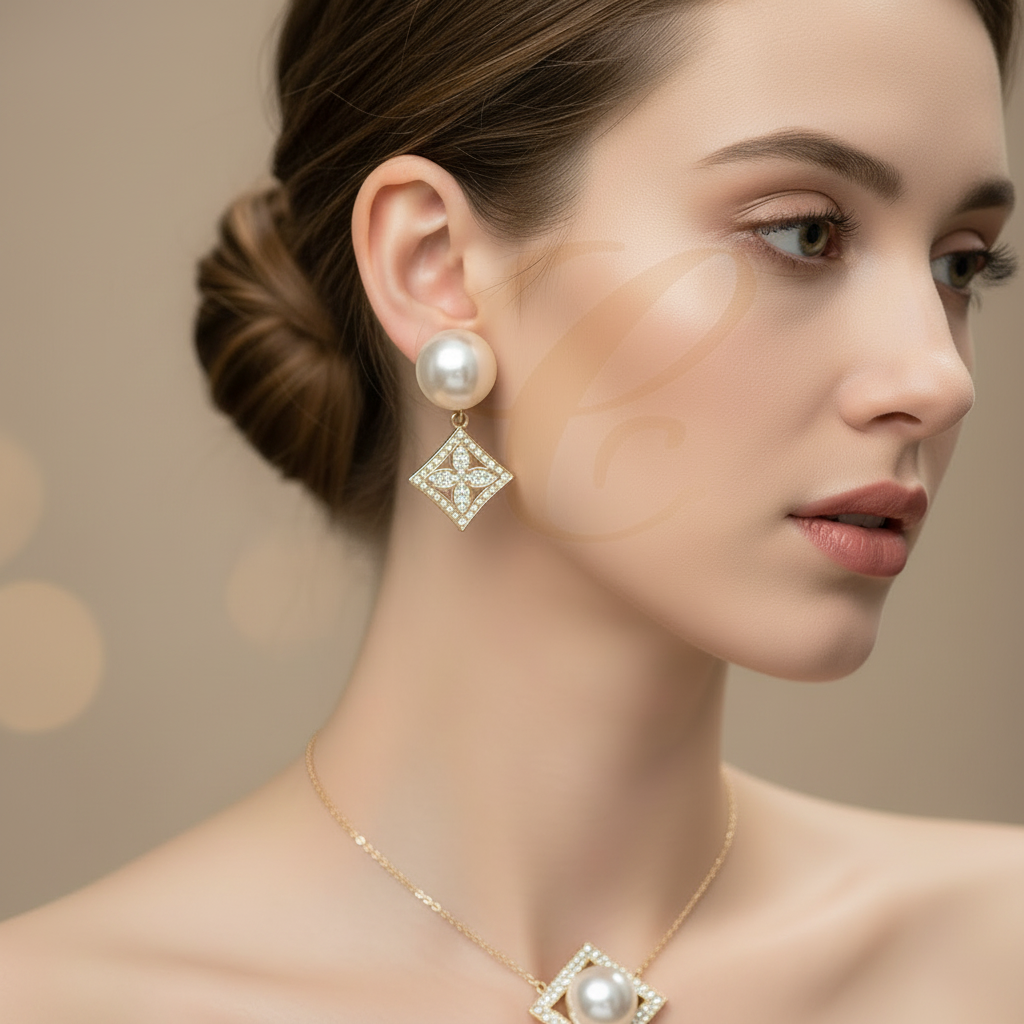 Pearl Drop Statement Earrings with Rhinestone Floral Square Pendant – Elegant Fashion Jewelry (LER-0655GS)