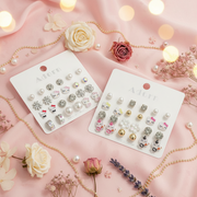 12-Pair Kids Cute Cartoon Kitty & Flower Stud Earring Set – Faux Pearl, Rhinestone & Enamel Earrings for Girls (LER37)