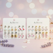 12-Pair Kids Cute Kitty Earring Set – Cute Character Studs, Faux Pearls, Rhinestones & Gold-Tone Huggie Hoops for Girls (LER38)