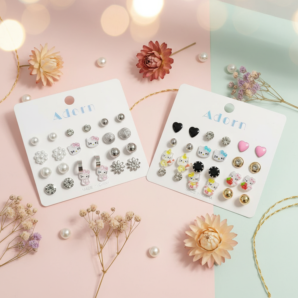 Adorn 12-Pair Cute Kids Stud Earrings Set – Multi-Pack Featuring Hello Kitty Characters, Rhinestone Hearts, Pearl & Gold Accents (LER39)