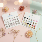 Adorn 12-Pair Cute Kids Stud Earrings Set – Multi-Pack Featuring Hello Kitty Characters, Rhinestone Hearts, Pearl & Gold Accents (LER39)