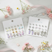 Cute Character Kids Stud Earrings Set (12 Pairs) – Hypoallergenic Mixed Sparkle Rhinestone, Pearl & Cute Cat Earrings for Girls (LER40)