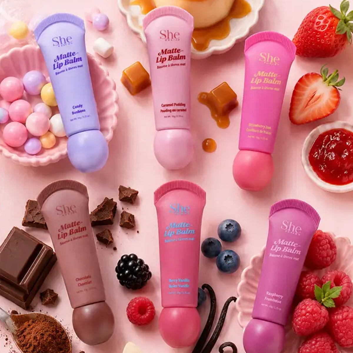 S.he Makeup Matte Lip Balm Wholesale Set – Hydrating Nude & Berry Matte Lip Tint Tubes (36-Pieces)