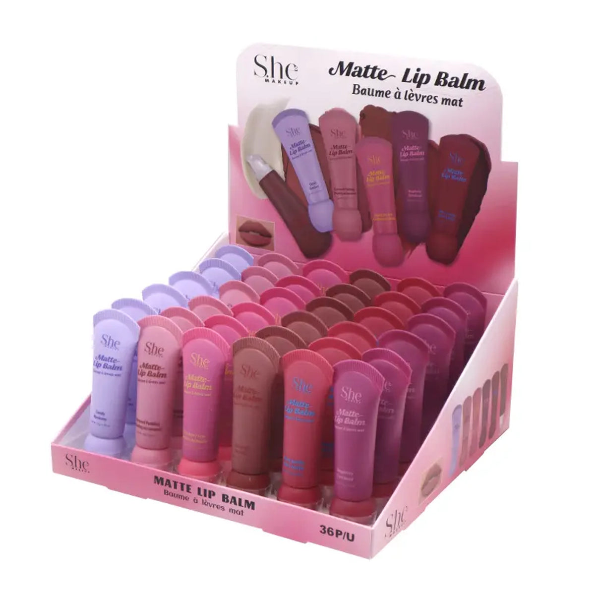 S.he Makeup Matte Lip Balm Wholesale Set – Hydrating Nude & Berry Matte Lip Tint Tubes (36-Pieces)