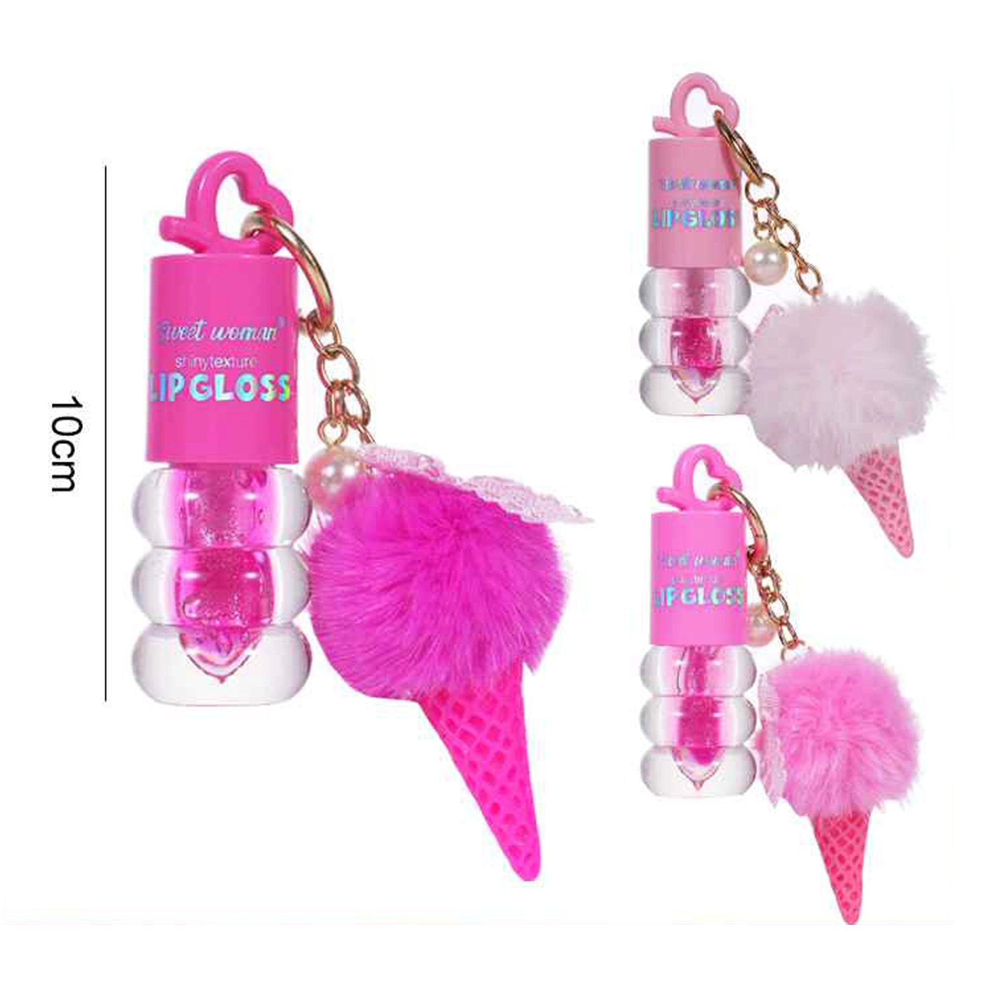 Sweet Woman Ice Cream Keychain Lip Gloss Set – Shiny Texture Moisturizing Lip Gloss with Fluffy Pom-Pom Charm, Cute Travel Makeup for Girls, 10cm (LG43)