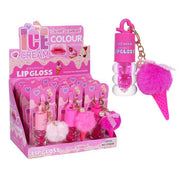 Sweet Woman Ice Cream Keychain Lip Gloss Set – Shiny Texture Moisturizing Lip Gloss with Fluffy Pom-Pom Charm, Cute Travel Makeup for Girls, 10cm (LG43)