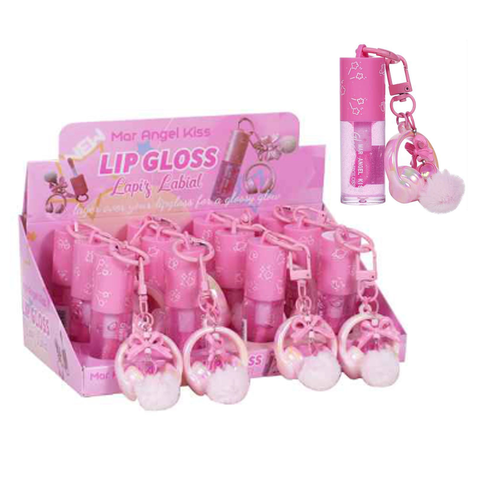 Mar Angel Kiss Cute Keychain Lip Gloss with Pompom & Headphone Charm – 12pcs Bulk Display Box (LG46)