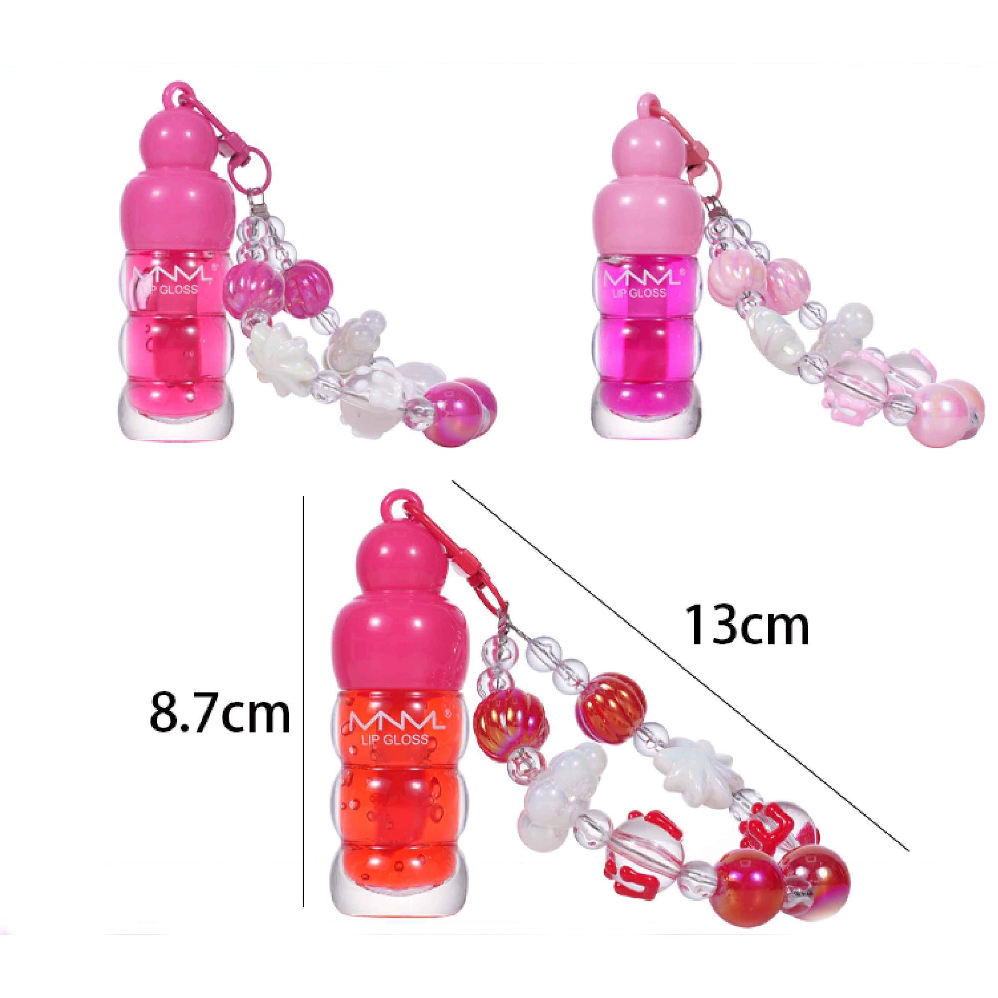 Water Light Lip Gloss Keychain with Beaded Wristlet Strap, High-Shine Moisturizing Lip Oil Charm for Girls, Y2K Cute Backpack Accessory Party Favor (LG53)