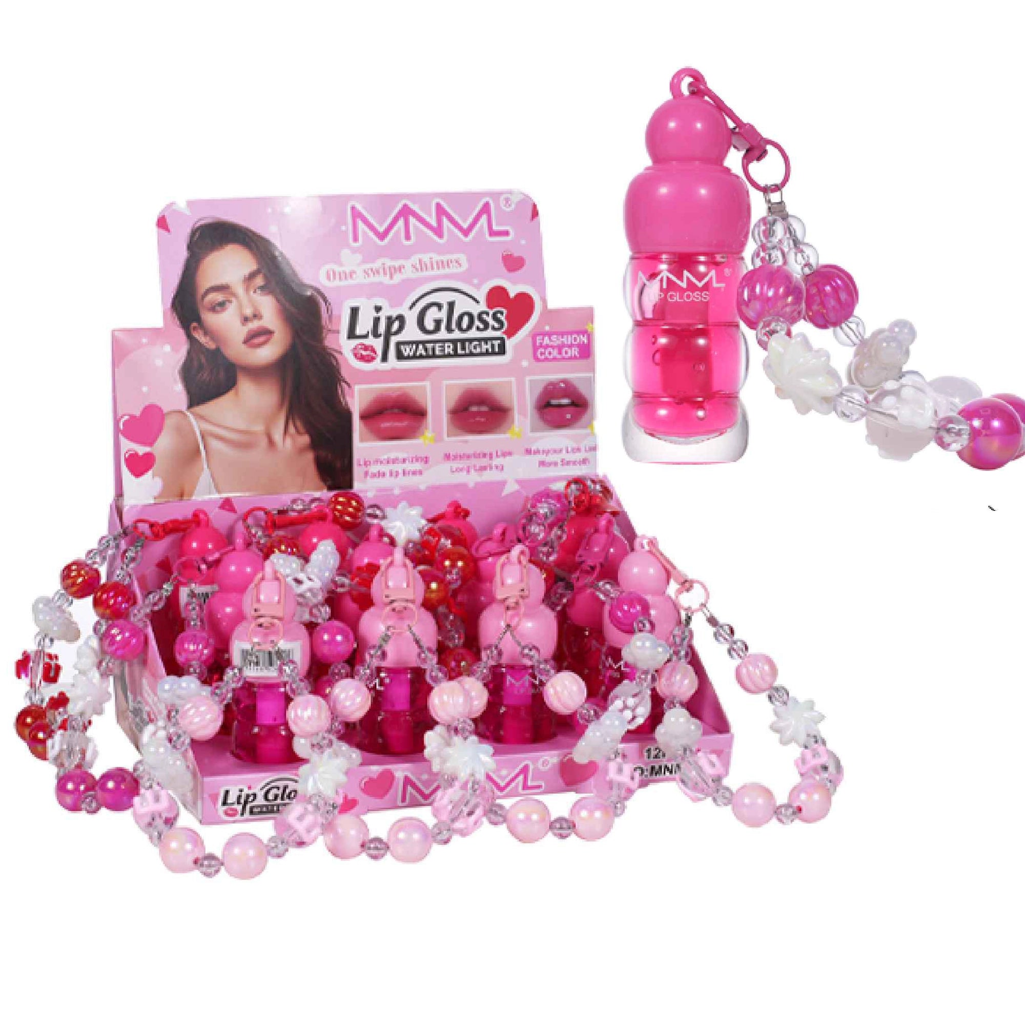 Water Light Lip Gloss Keychain with Beaded Wristlet Strap, High-Shine Moisturizing Lip Oil Charm for Girls, Y2K Cute Backpack Accessory Party Favor (LG53)
