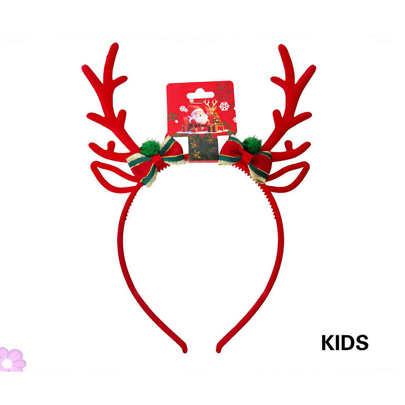 Kids Christmas Reindeer Antler Headbands – Festive Holiday Deer Horns with Ribbon Bows & Pom-Poms (12 Pcs) LHB10