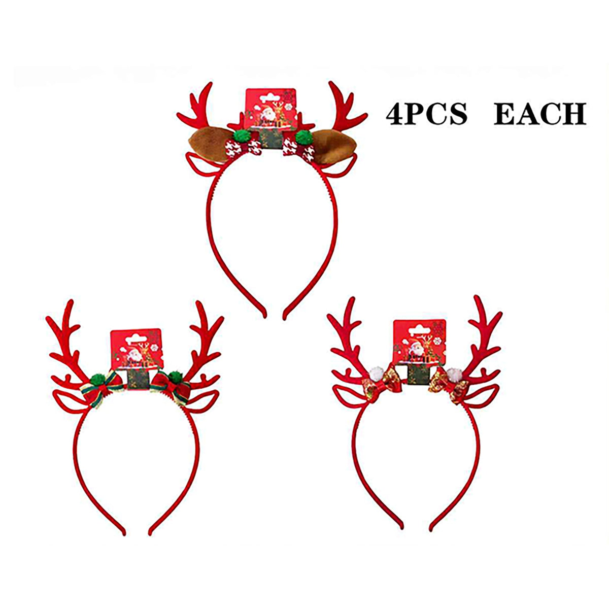Kids Christmas Reindeer Antler Headbands – Festive Holiday Deer Horns with Ribbon Bows & Pom-Poms (12 Pcs) LHB10