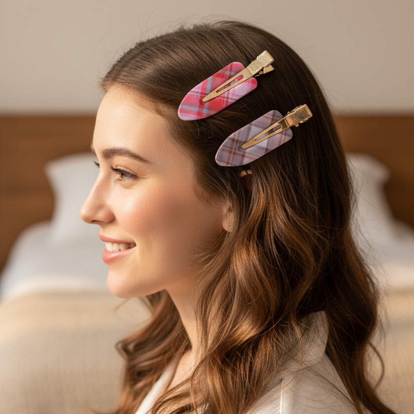 Plaid No-Crease Makeup Hair Clips - 4-Piece Professional Styling Set (LHC27)