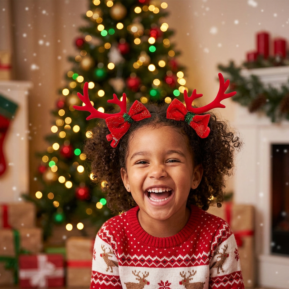 Kids Christmas Reindeer Antler Hair Clip Sets – Festive Glitter Bows, Holly & Tree Barrette Pairs (12 Pcs) | LHC29