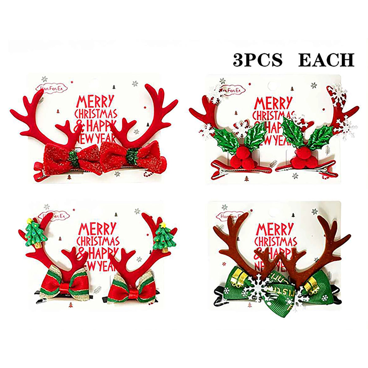 Kids Christmas Reindeer Antler Hair Clip Sets – Festive Glitter Bows, Holly & Tree Barrette Pairs (12 Pcs) | LHC29