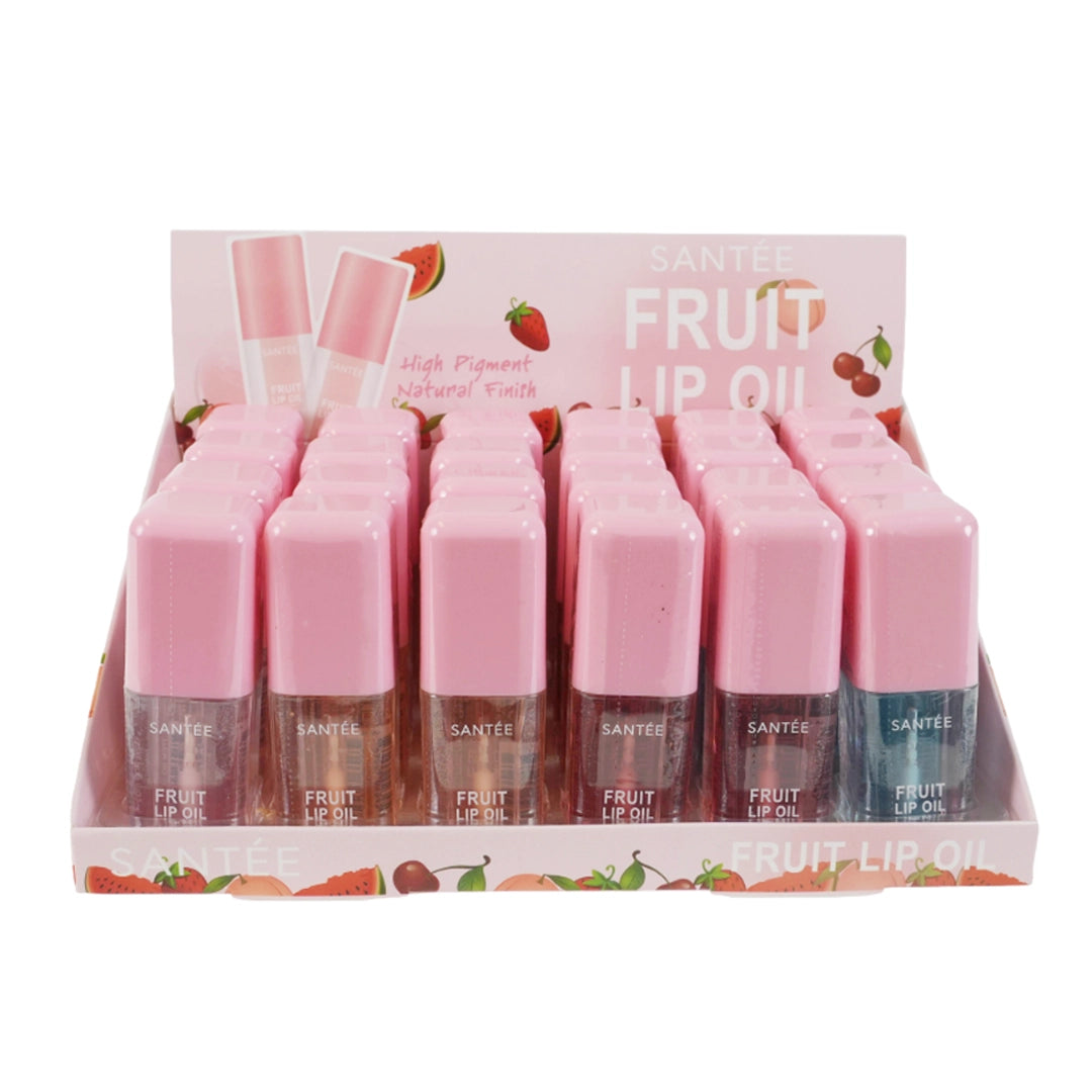 Santée Fruit Lip Oil Display Set – High-Pigment, Natural Finish Hydrating Lip Gloss (24pc Bulk Pack)