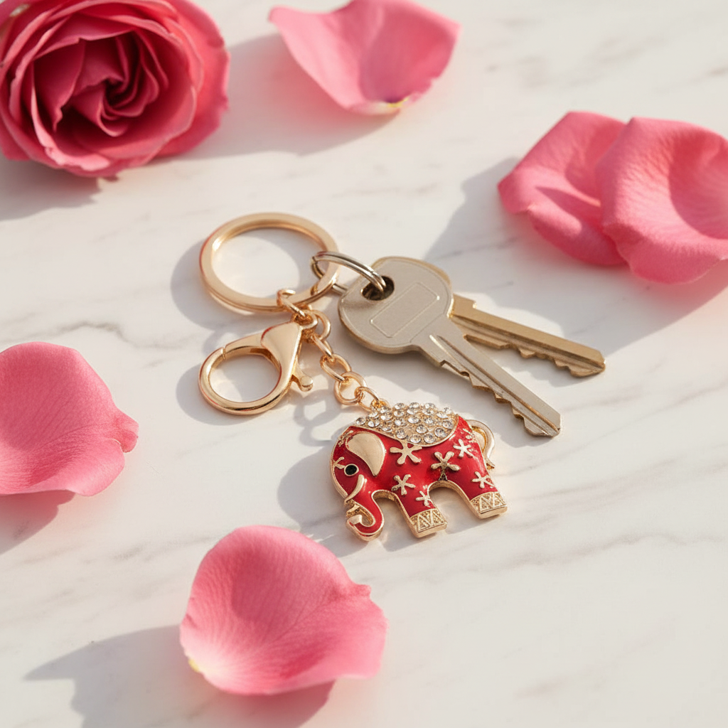 Crystal Rhinestone Elephant Keychain – Enamel Lucky Elephant Bag Charm & Key Ring Accessory (LKC-0188GSR6)