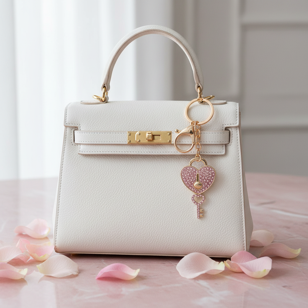Rhinestone Heart Lock and Key Keychain – Crystal Paved Heart Charm Keyring & Purse Accessory for Women & Girls (LKC-0190GSR4)