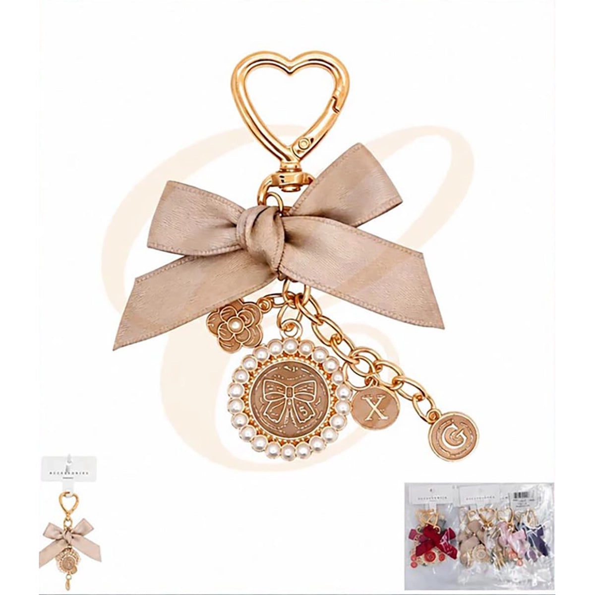 Elegant Satin Bow Pearl Coin Charm Keychain – Heart Clasp Luxury Bag Charm & Keyring Accessory (6 Color Assortment) 12PCS (LKC-0196GR6)