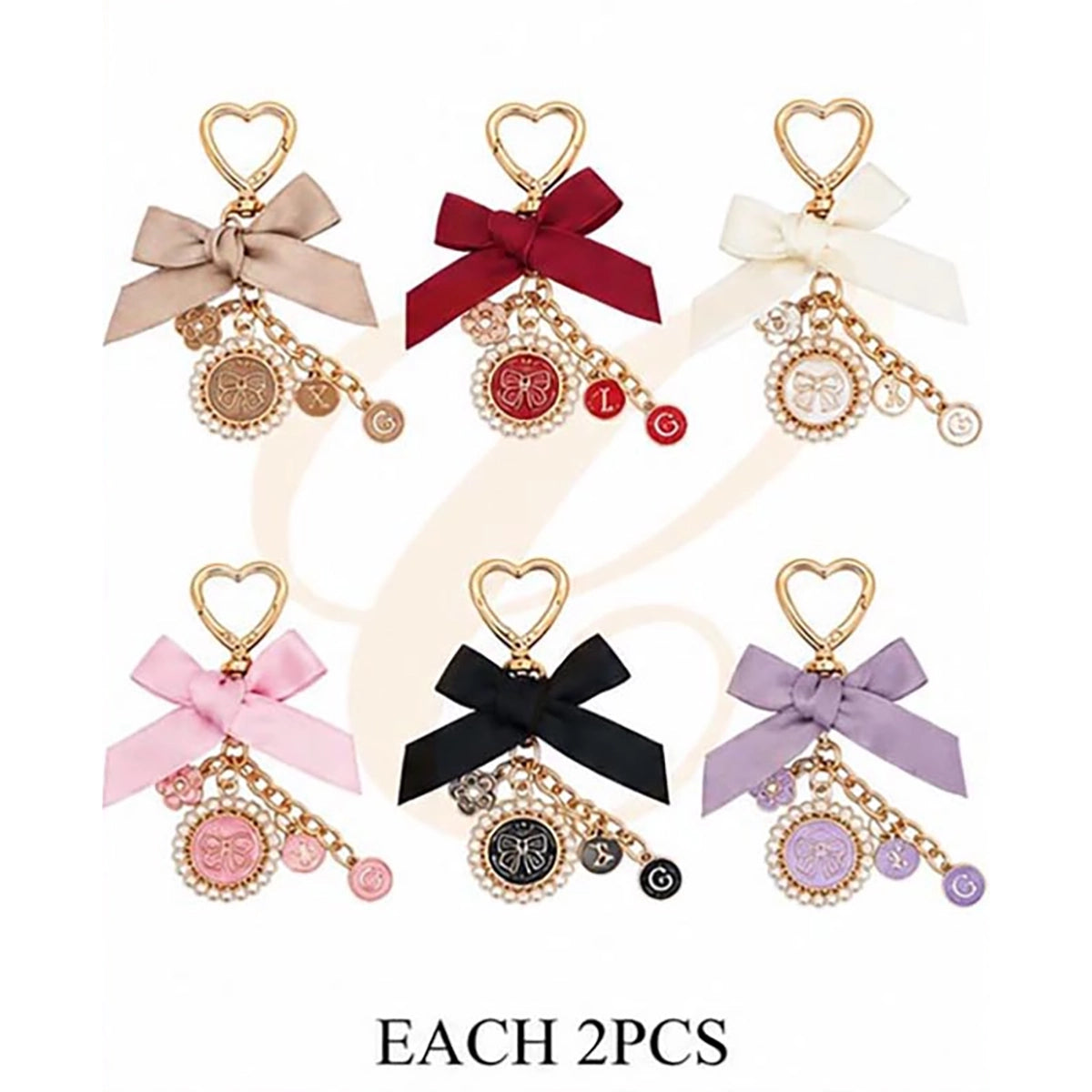 Elegant Satin Bow Pearl Coin Charm Keychain – Heart Clasp Luxury Bag Charm & Keyring Accessory (6 Color Assortment) 12PCS (LKC-0196GR6)
