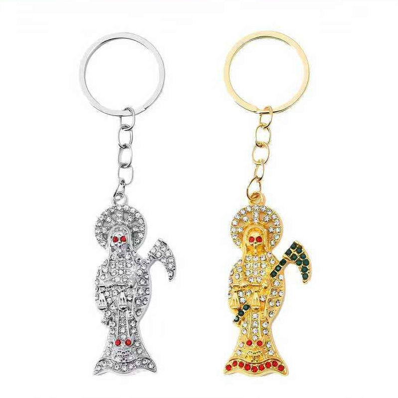 Rhinestone Grim Reaper Keychain Set – Sparkling Holy Death Pendant Keyring – Gold & Silver Tone Gothic Charms (LKC08A)
