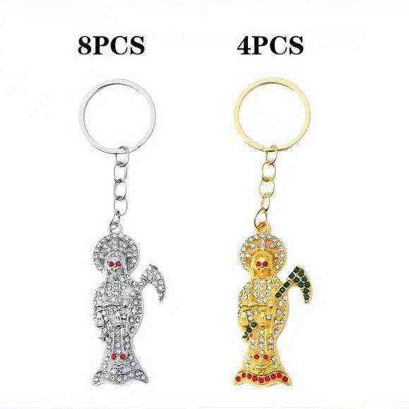 Rhinestone Grim Reaper Keychain Set – Sparkling Holy Death Pendant Keyring – Gold & Silver Tone Gothic Charms (LKC08A)