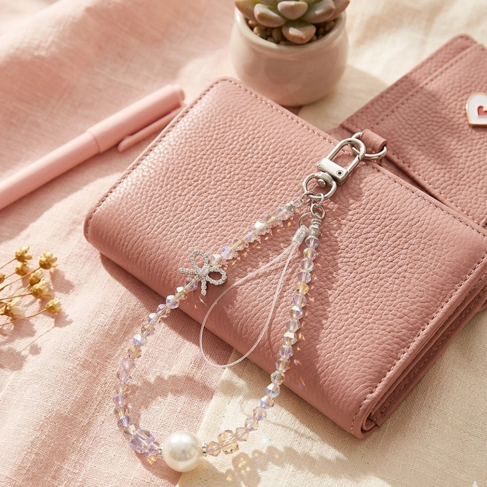 Elegant Beaded Bow Phone Charm - Glass Pearl & Crystal Wrist Strap (LKC33A)