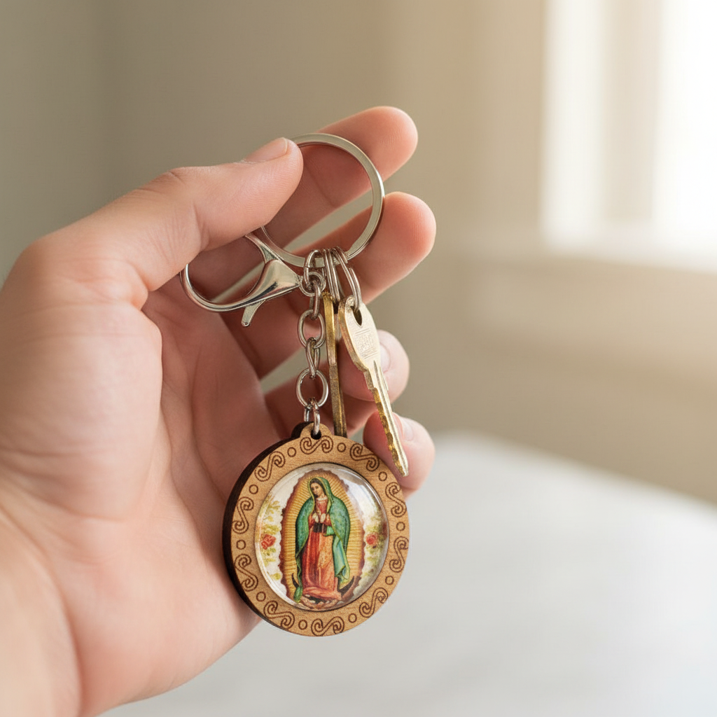 12-Pack Our Lady of Guadalupe Wooden Keychains - Bulk Religious Catholic Key Rings with Lobster Clasp (10cm) (LKC59)