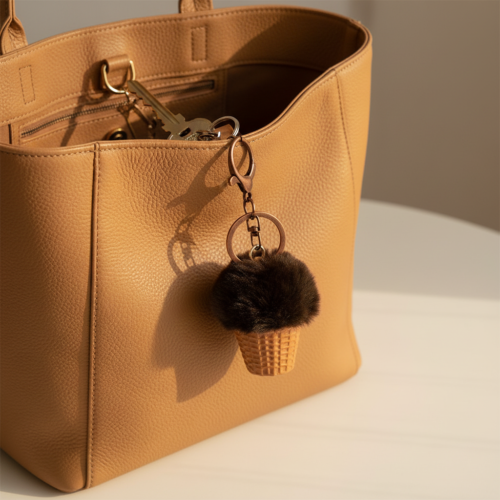 Cute Fluffy Pom Pom Ice Cream Basket Keychain – Faux Fur Cupcake Bag Charm & Key Ring Accessory (11cm) (LKC61)