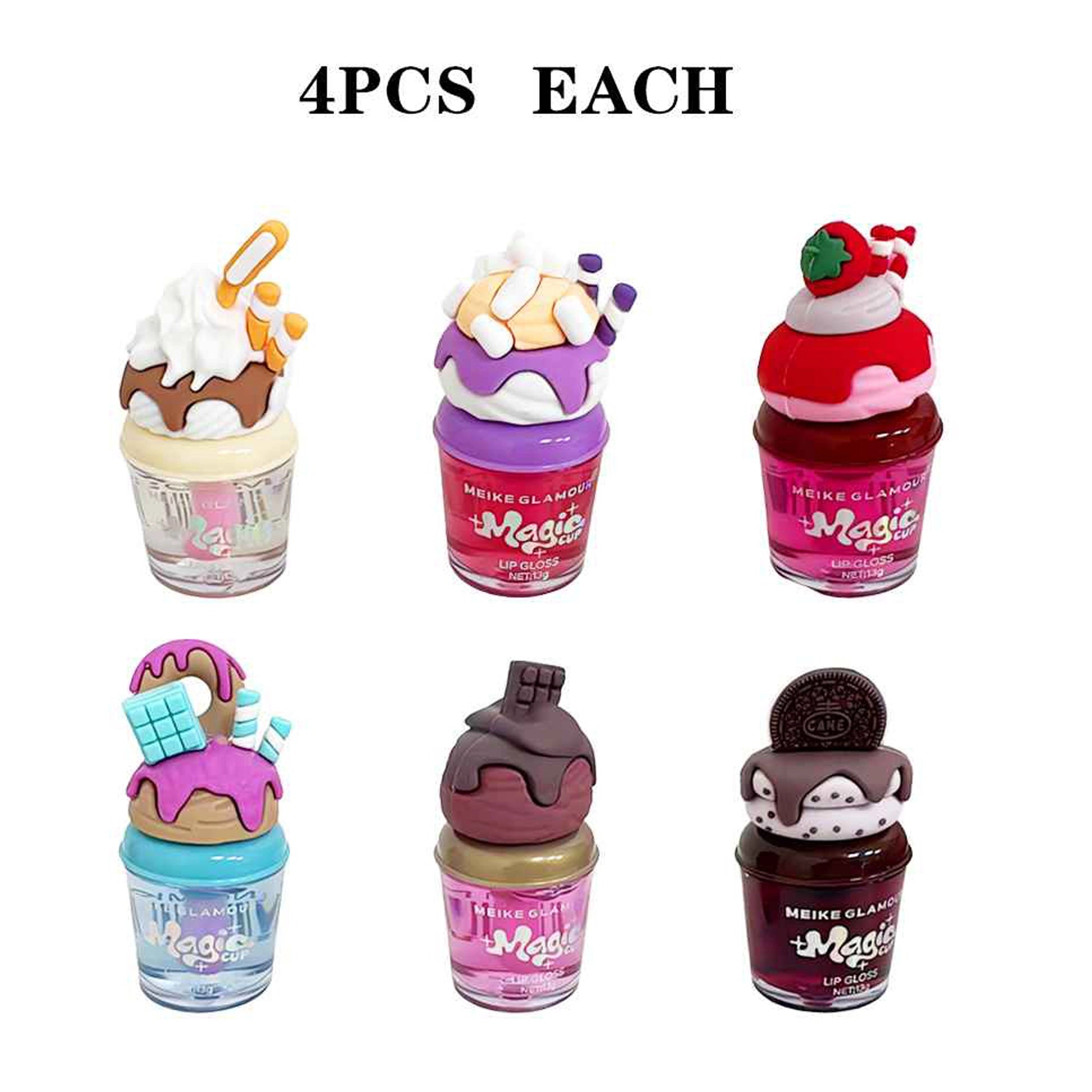 Meike Glamour Magic Cup Lip Gloss & Lip Tint Set (24-Piece Display PDQ) – Ice Cream Sundae & Dessert Shaped Hydrating Lip Gloss, Cute Makeup Gift Set for Girls (LLG21)