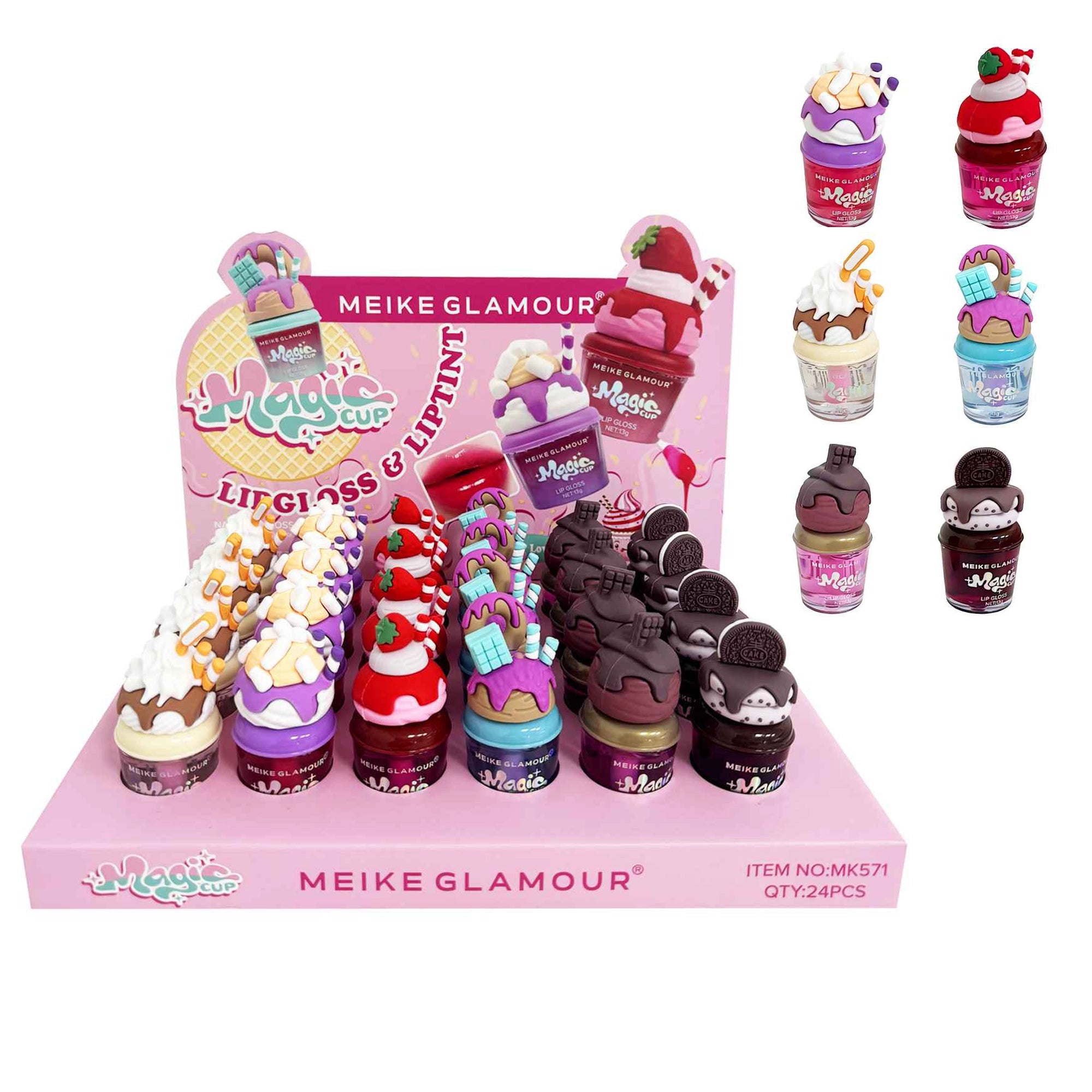 Meike Glamour Magic Cup Lip Gloss & Lip Tint Set (24-Piece Display PDQ) – Ice Cream Sundae & Dessert Shaped Hydrating Lip Gloss, Cute Makeup Gift Set for Girls (LLG21)