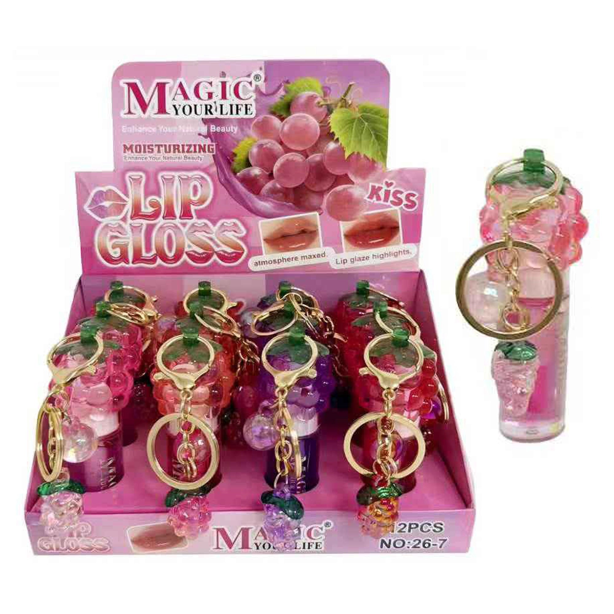 Magic Your Life 12-Piece Grape Lip Gloss Keychain Bulk Set – Moisturizing Lip Glaze with Cute Fruit Charm, High-Shine Hydrating Liquid Lipstick for Girls & Teens, 4 Shades (LLG22)