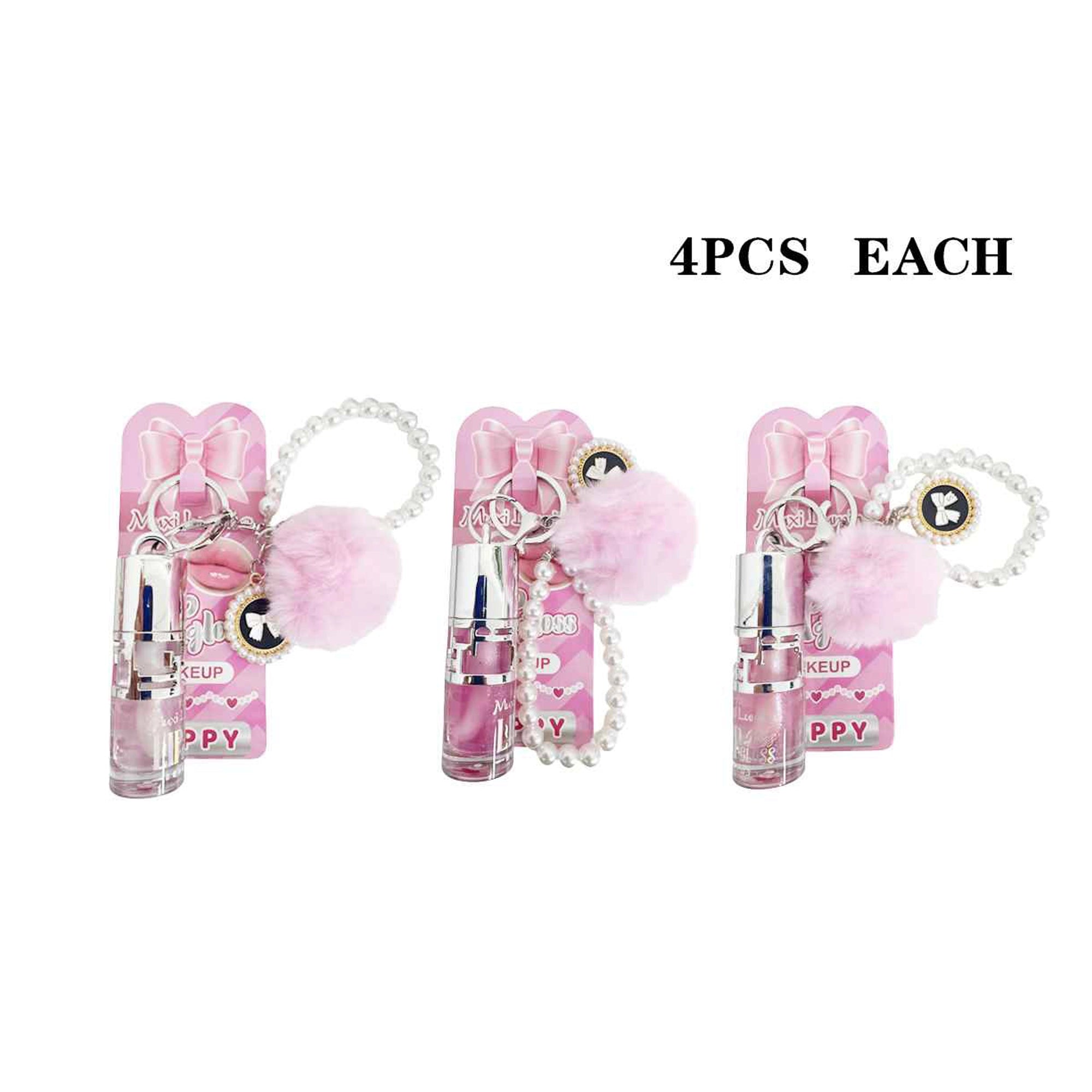 Muxi Lumina Lip Gloss Keychain Set - 12-Piece Bulk Display | Hydrating Lip Gloss with Pink Pom Pom, Faux Pearl Wristlet & Bow Charm (LLG23)