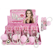 Muxi Lumina Lip Gloss Keychain Set - 12-Piece Bulk Display | Hydrating Lip Gloss with Pink Pom Pom, Faux Pearl Wristlet & Bow Charm (LLG23)