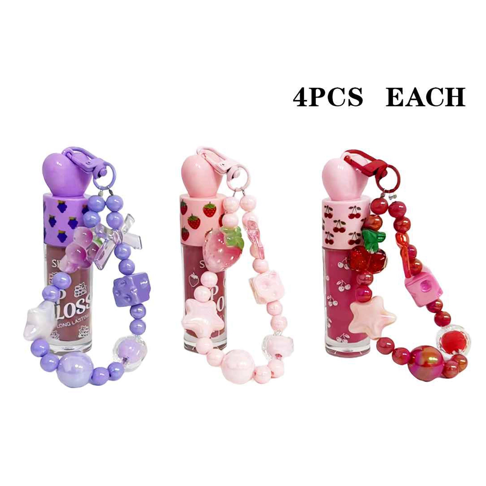 12-Piece Fruity Glister Lip Gloss Set with Beaded Keychain Charms – 3 Fruit Flavors (Grape, Strawberry, Cherry) (LLG29)