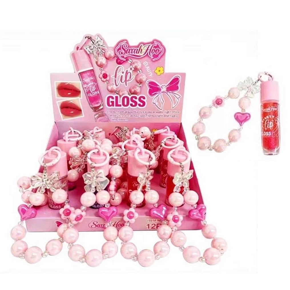 Sarah Hoo Beauty Keychain Lip Gloss Set with Beaded Strap & Charm (12-Piece Display Box) (LLG33)