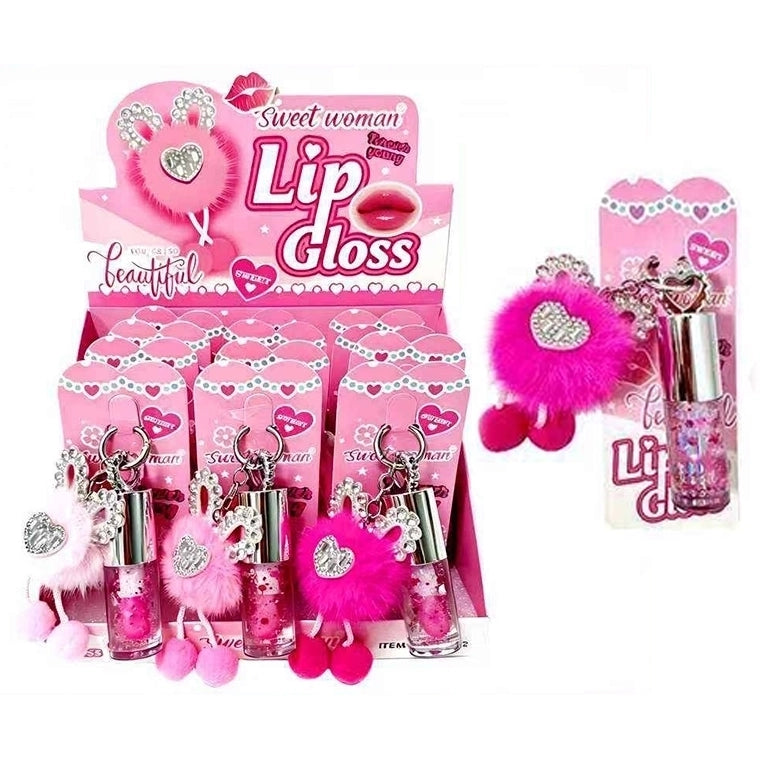 Sweet Woman Cute Furry Pom-Pom Keychain Lip Gloss Set 12pcs (LLG41)