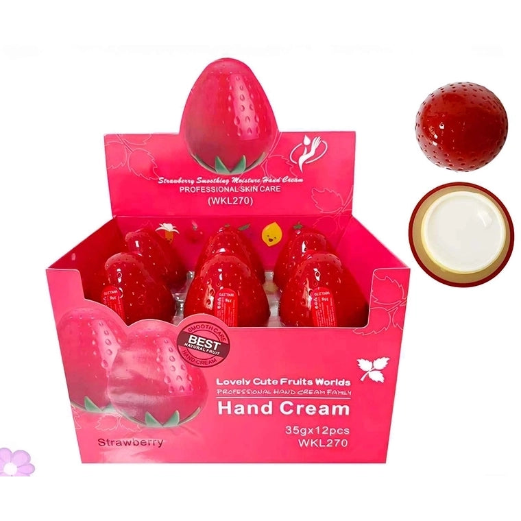 12-Piece Cute Strawberry Smoothing Moisture Hand Cream Jar Set (35g Each) – Hydrating Fruit Skin Care Bulk Display Box (LLG52)
