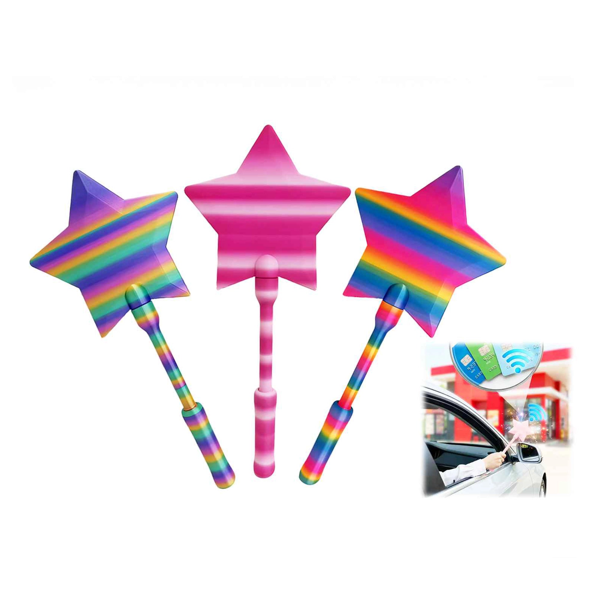 Star Wand Contactless Card Holder for Car | 36cm Long Reach Toll & Parking Pass Extension Stick | Rainbow & Pink RFID Card Grabber for Drive-Thru and Toll Booths (LN27)
