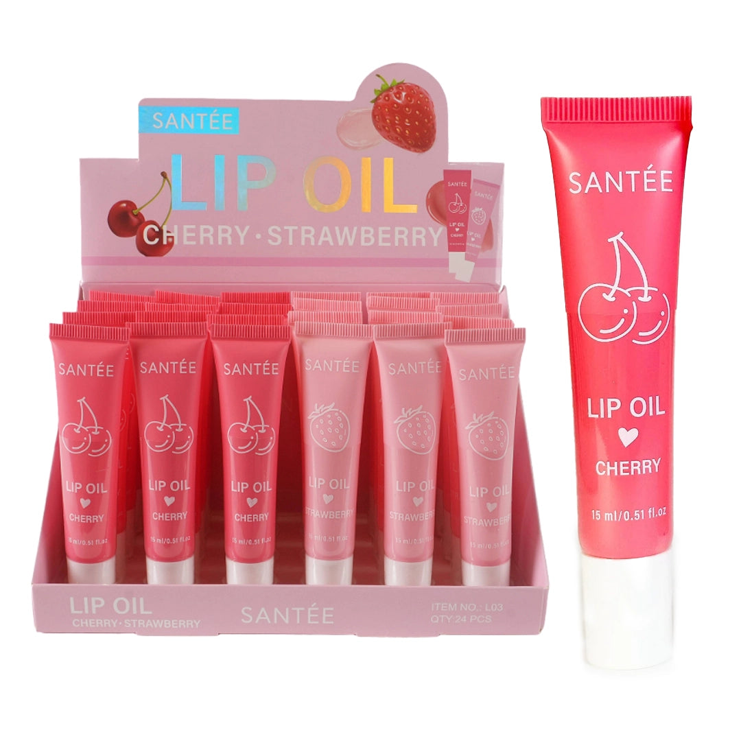Santée Hydrating Lip Oil Display Box – Cherry & Strawberry Flavors, 24-Piece Set (15ml / 0.51 fl. oz Tubes)