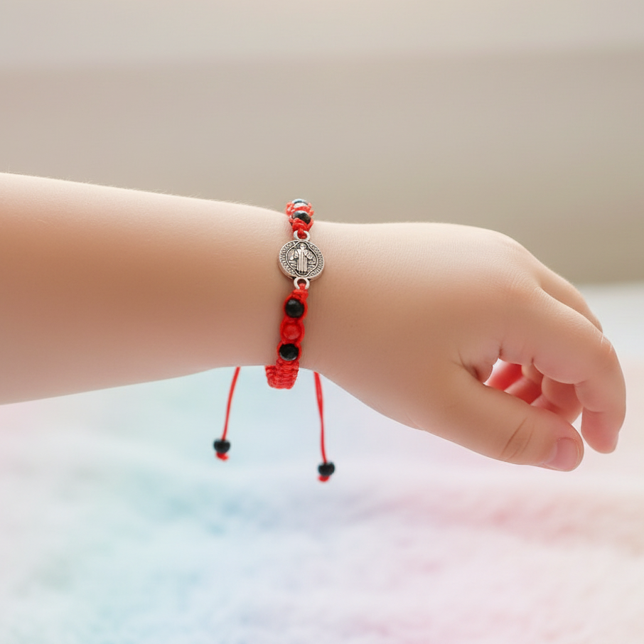 Kids Red String Saint Benedict Protection Bracelet – Adjustable Woven Cord Religious Charm Bracelets for Children (LRB06A)