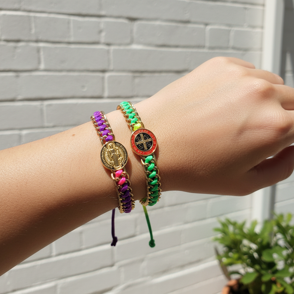 Saint Benedict Medal Protection Bracelet – Colorful Braided Cord with Gold-Tone San Benito Charm – Adjustable Religious Jewelry for Men & Women (LRB19A)