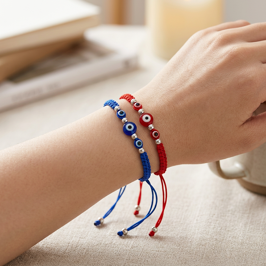12-Piece Evil Eye Braided Cord Bracelet Set – Adjustable Knotted String with Beads in Blue & Red (LRB40C)