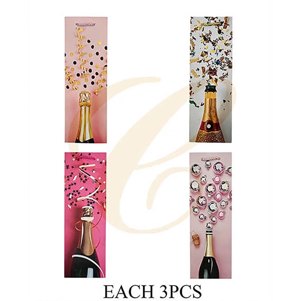 Celebration Champagne Bottle Wine Gift Bag 36x12x9cm | Festive Confetti & Disco Bottle Paper Gift Bag Assortment (12 Pack Bulk) LSB-0667