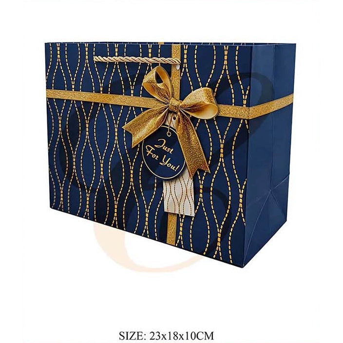 Geometric Wave Gold Ribbon Gift Bag with Gift Tag 23x18x10cm | Elegant "Just For You" Paper Gift Bag Assortment (12 Pack Bulk)  LSB-0715S