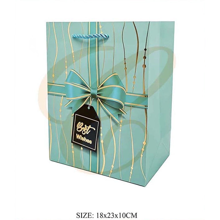 Vertical Gold Streamer Ribbon Gift Bag with Tag 18x23x10cm | Elegant "Best Wishes" Paper Gift Bag Assortment (12 Pack Bulk) | LSB-0717S
