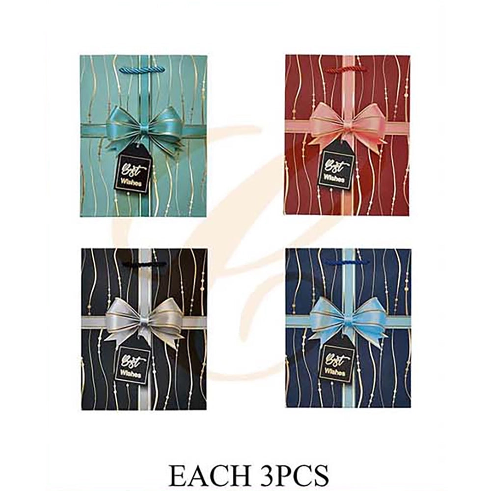 Vertical Gold Streamer Ribbon Gift Bag with Tag 18x23x10cm | Elegant "Best Wishes" Paper Gift Bag Assortment (12 Pack Bulk) | LSB-0717S