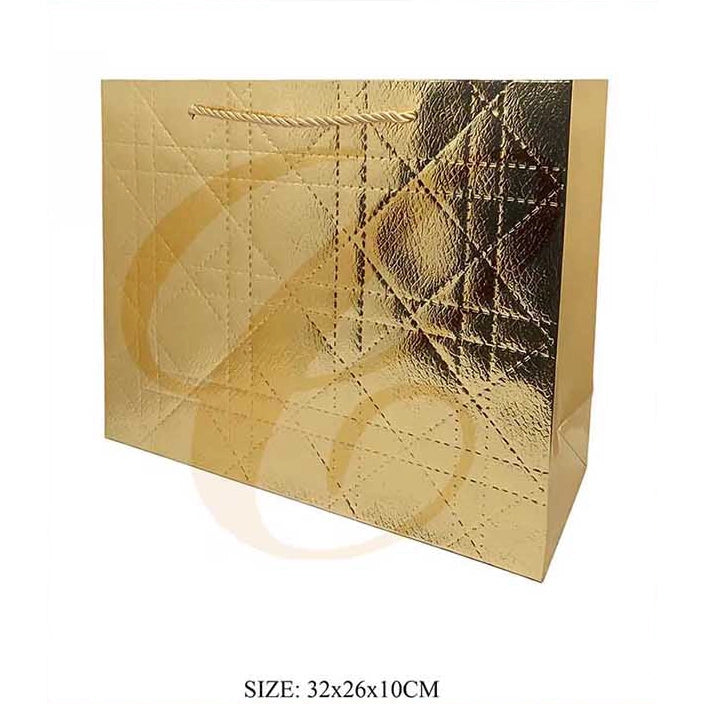Metallic Quilted Lattice Large Gift Bag 32x26x10CM  | Luxury Foil Diamond Cannage Paper Shopping Bag Assortment (12 Pack Bulk)   | LSB-0720M