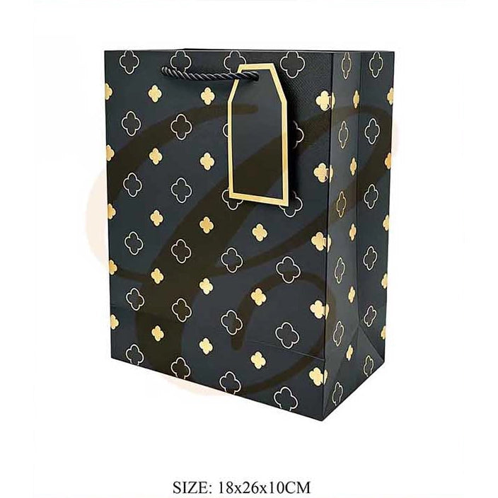 Gold Four-Leaf Clover Pattern Paper Gift Bag with Tag 18x26x10cm | Elegant Monogram Clover Gift Bag Assortment (12 Pack Bulk)