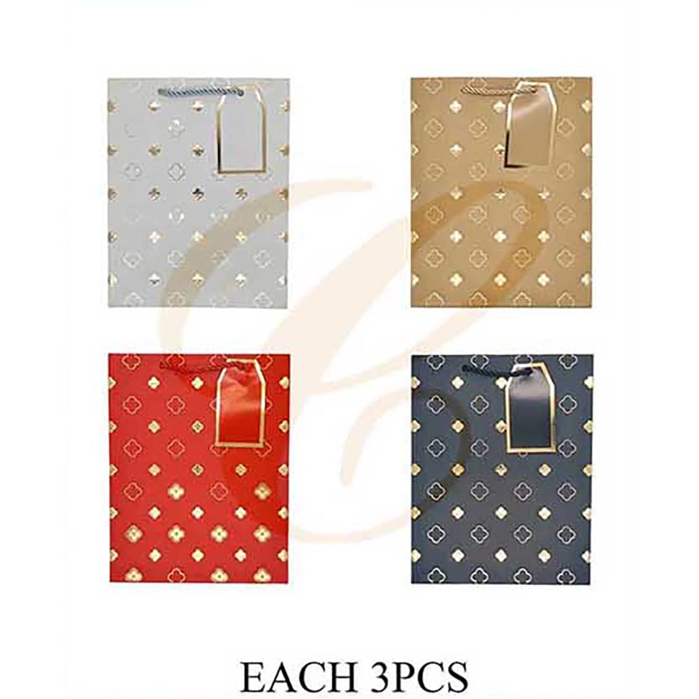 Gold Four-Leaf Clover Pattern Paper Gift Bag with Tag 18x26x10cm | Elegant Monogram Clover Gift Bag Assortment (12 Pack Bulk)